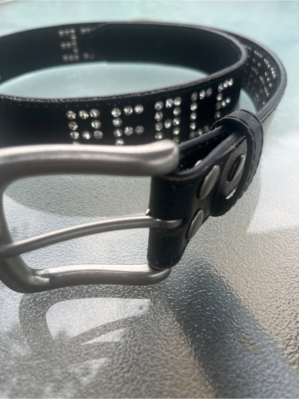 Vera Pelle Black Leather Belt with Studded PEACE Accents